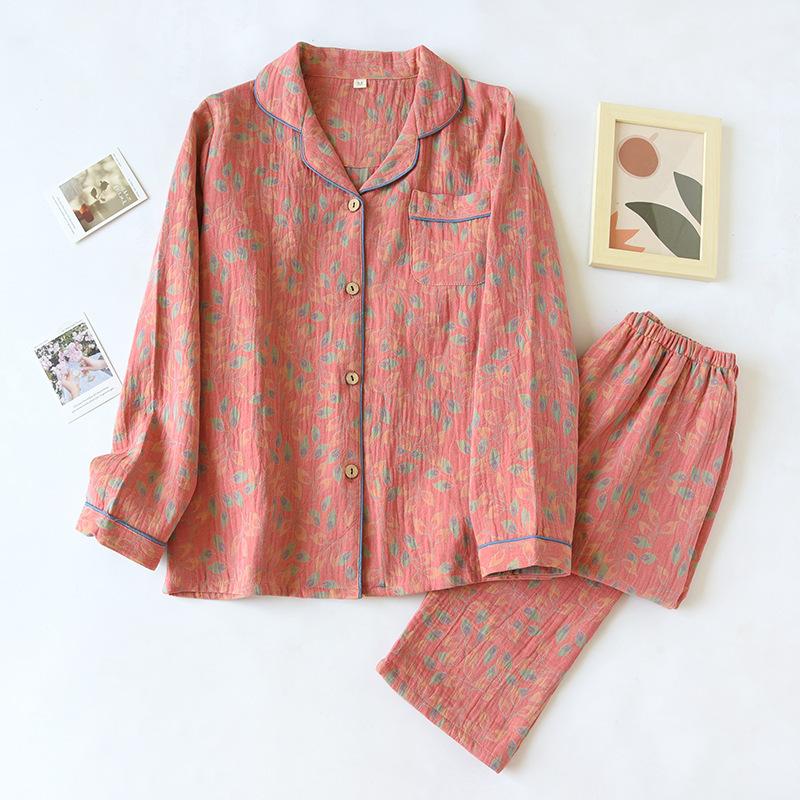 Spring Autumn Ladies Women Pajamas Set Vintage Leaves Printed Cotton Turn-down Collar Long-sleeve Trousers