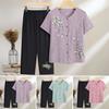Floral Two-piece Outfit for Elderly Women Casual Button Down Short Sleeve Top And Pants Set Summer Grandma Mother Clothing
