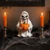 Spooky Holiday Gift for Friends Halloween White Ghost Pumpkin Resin Statue, Holding Mini Durable Ornament Figurine Garden Yard Tabletop Mantel
