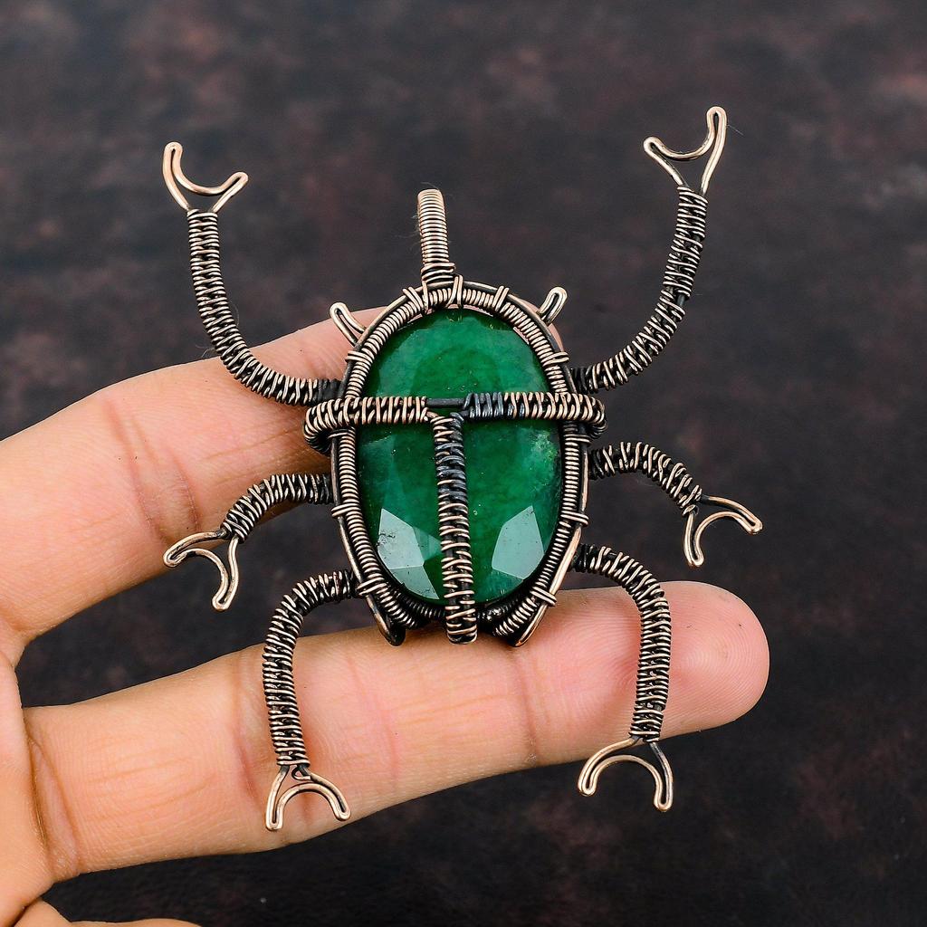 Faceted Zambian Emerald Copper Pendant Wire Wrapped Pendant Handmade Copper Jewelry Beetle Pendant Gift For Her Wire Wrap Gemstone Jewelry