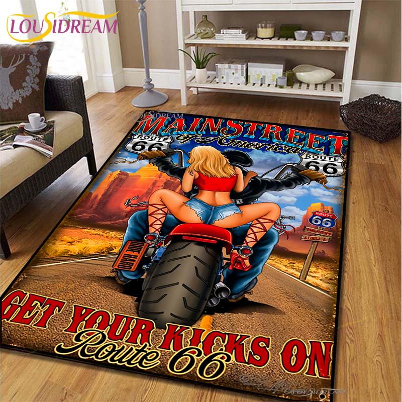 Route66 Motorrad Teppich für Wohnzimmer Schlafzimmer Teppiche Küche Kinder Tür Rutschfeste Bodenmatten Geburtstagsgeschenk Fotografie Requisiten Teppich