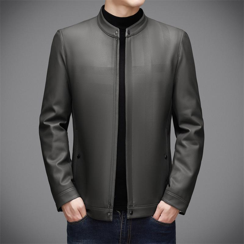 New Breathable Leather Men's Sheepskin Soft Leather Jacket Spot Stand Collar Young and Middle-aged Business Casual Jacket
