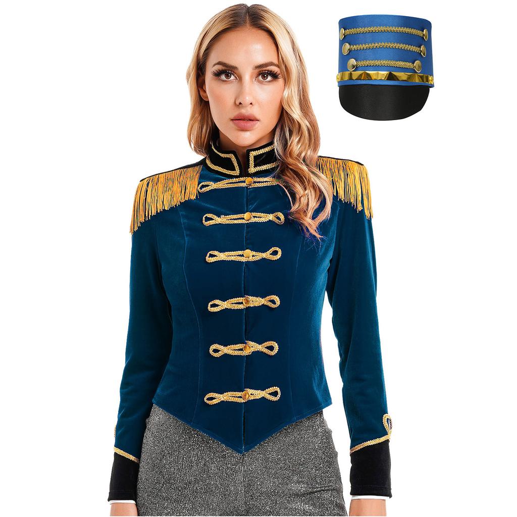 Womens Ringmaster Fringe Shoulder Jacket Long Sleeve Stand Collar Coat with Hat Circus Carnival Costume