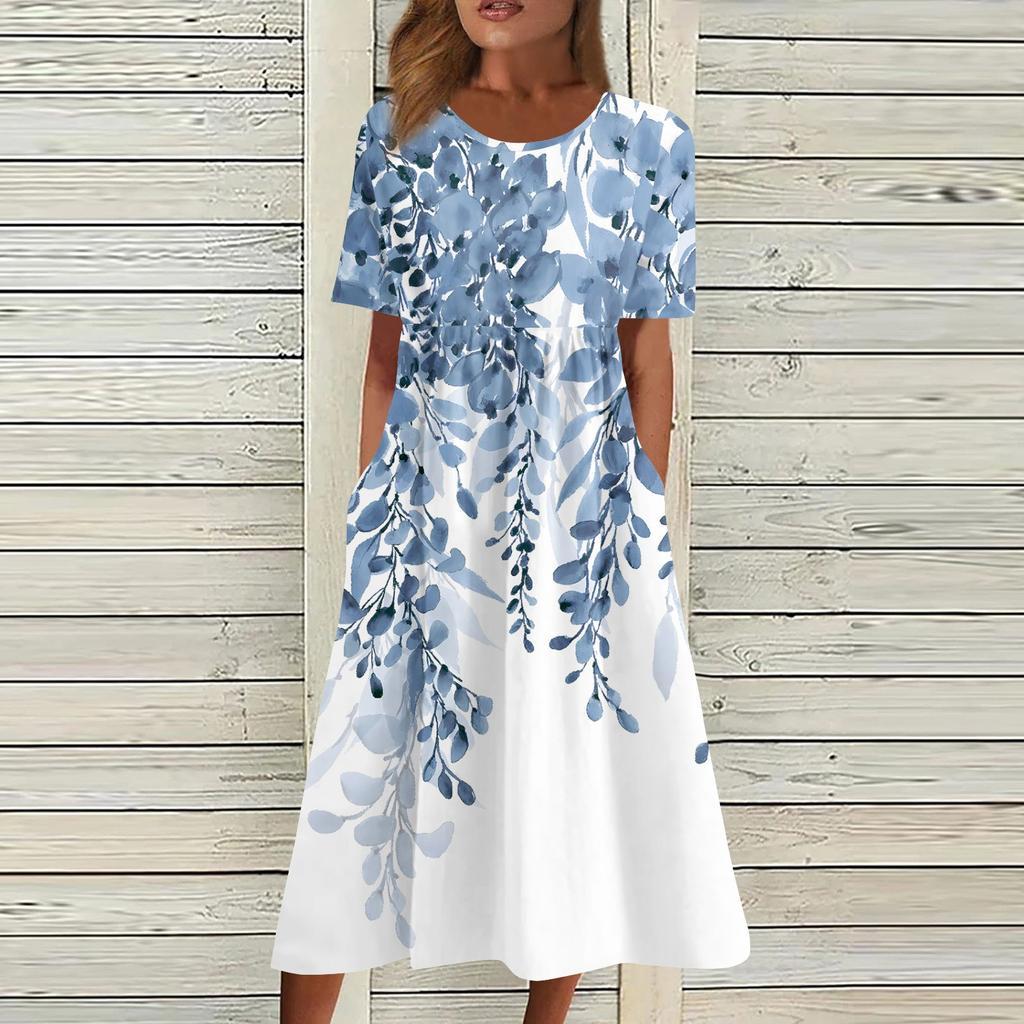 Women's Casual Dresses Printed Dresses Summer Dresses Printed Pleated O-Neck Loose Dresses