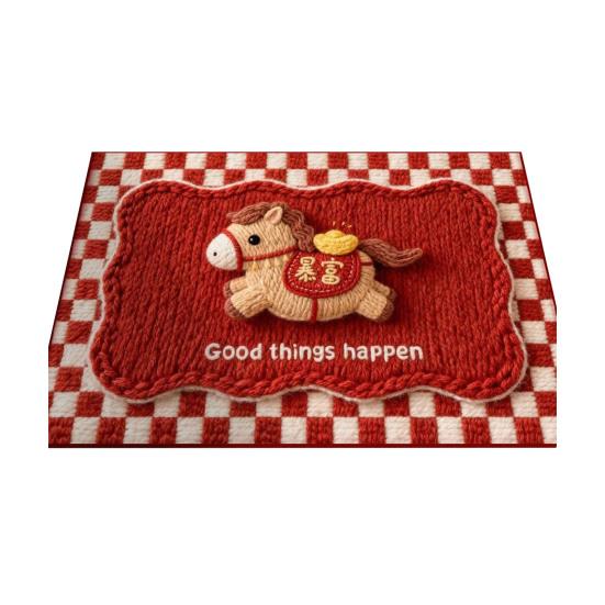 2026 Cartoon Horse Rug Year of The Horse Red Floor Mat Non-Slip Absorbent Entrance Rug Cute