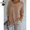 Women's Fashion Casual Fall Winter Solid Color Print Long Sleeve V-Neck Sweaters