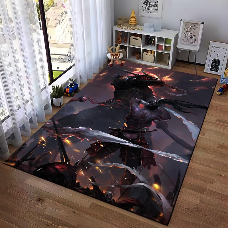 Epic Samurai Battle Scene with Fiery Background Printed Carpet Suitable for Use As an Anti-slip for Living Room Bedroom Sofas