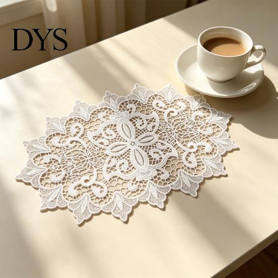 Decorative Table Covers for Weddings White Lace Doily, Elegant Retro Placemat, Embroidered Small Round Placemats Jewelry Trays Mat, Rectangular