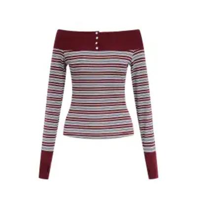 Retro Striped Stitching One-shoulder Off-shoulder Slim Long-sleeved Top for Women Autumn Design Bottoming T-shirt