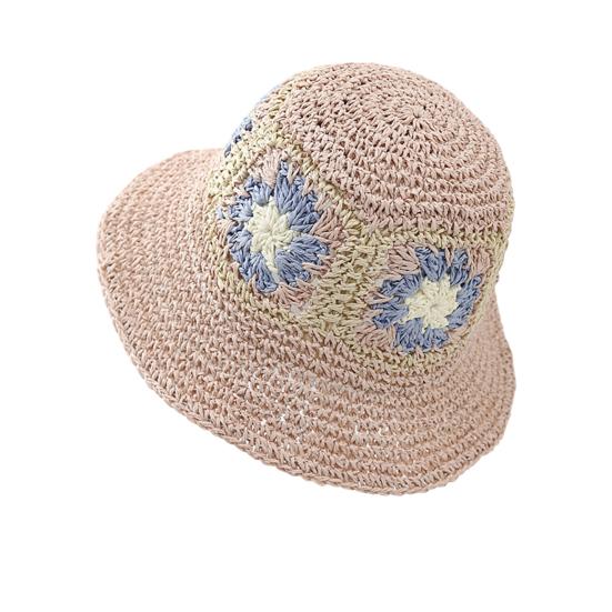 Straw Hat Bohemian Floral Pattern Foldable Beach Hat Wide Brim Hollow Design Bucket Hat Breathable Summer Accessory