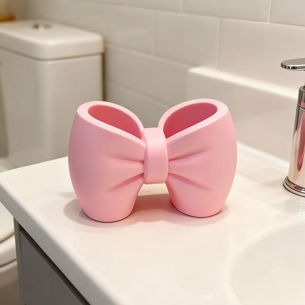 1pc Creative Bow Pen And Toothbrush Holder | Plastic, Freestanding, Ideal For Bedroom And Bathroom Decor, Bathroom Accessories