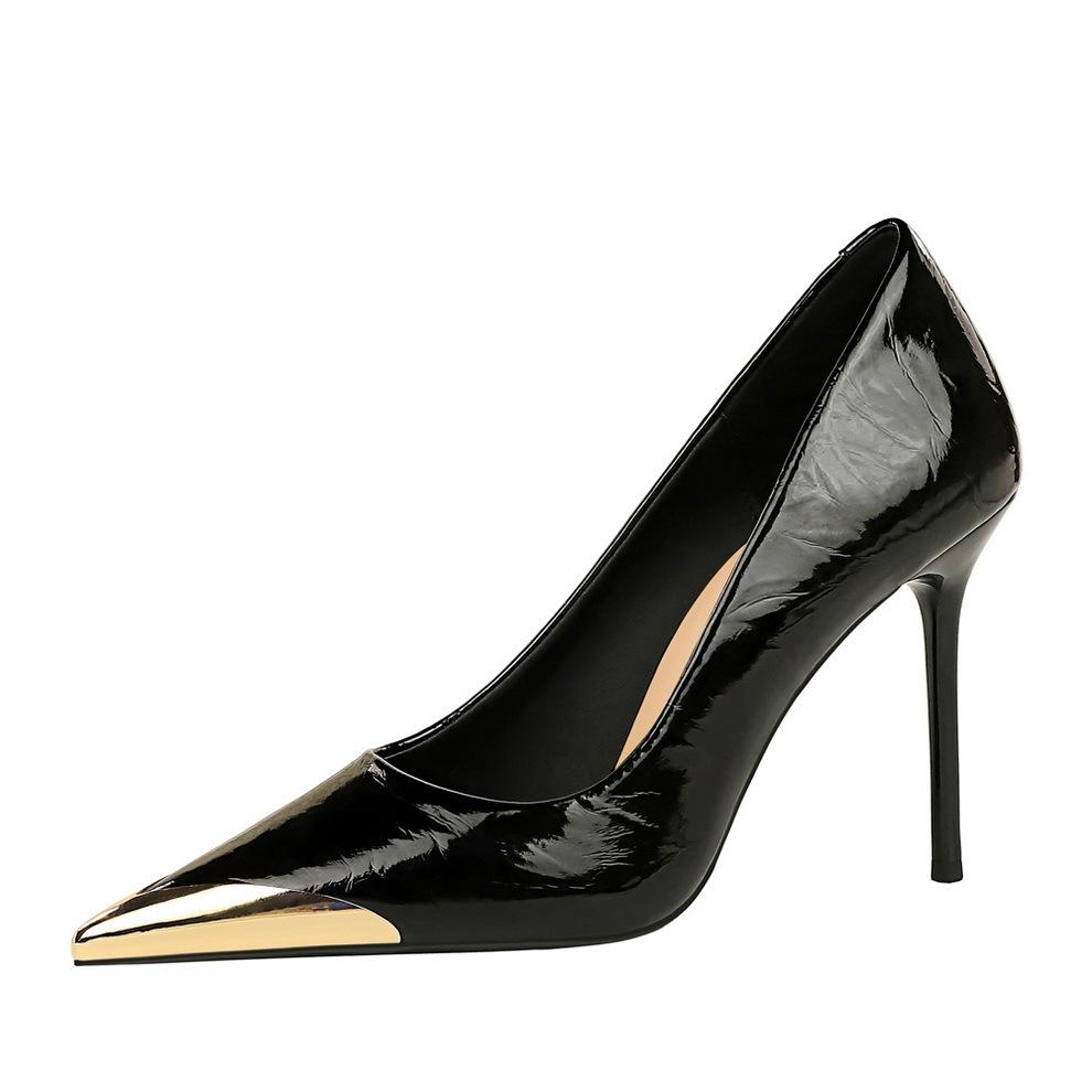 Banquet Shallow Mouth Stiletto High Heels Women's Shoes Pointed Iron Head Decorative Super High Heel Patent Leather Shoes