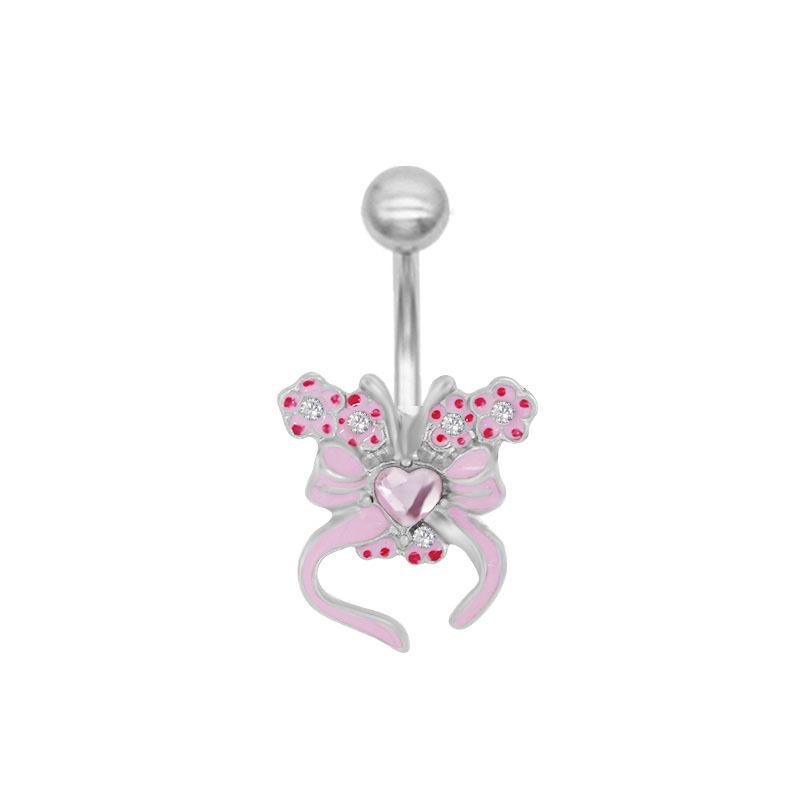 Pink Belly Button Rings Bow Heart Navel Piercing Ring For Women Girls Sexy Body Jewelry Navel Piercing Barbell Gifts