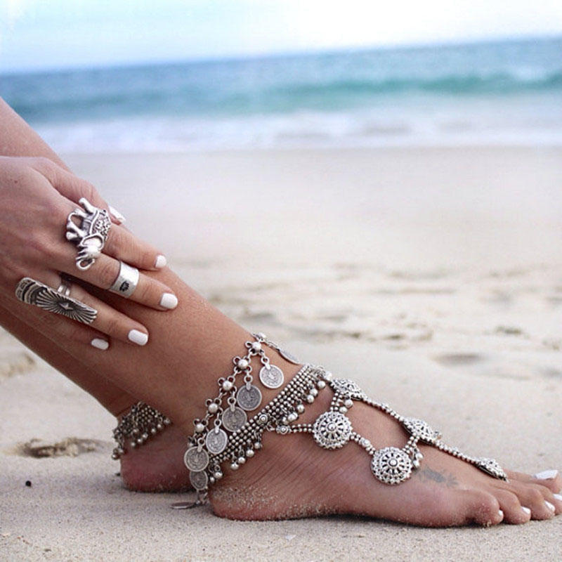 Antique Silver Boho Gypsy Coin Anklet Ankle Bracelet Foot Chain Women Jewelry