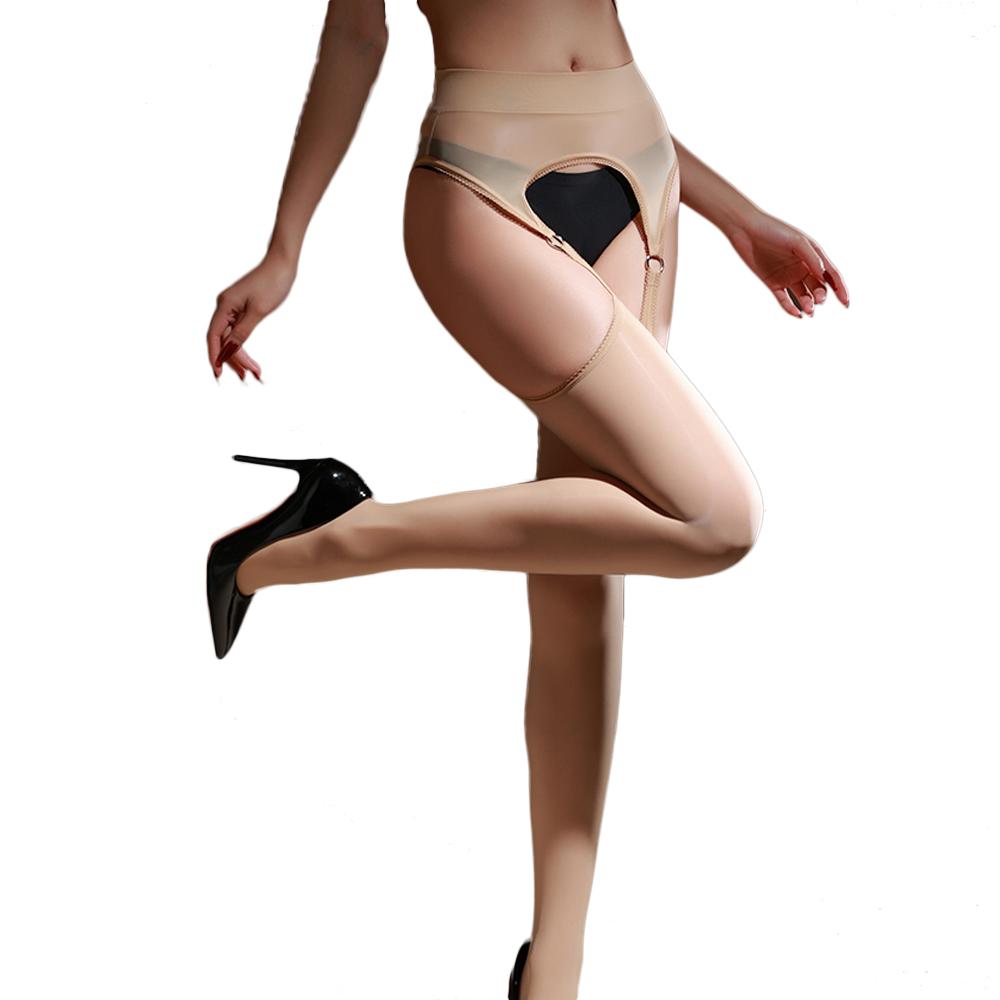 Sexy Women Garters Ring Connect Stocking Crotchless Pantyhose Sexy Oil Shiny Sheer See Through Maid Tights Over Knee Stocking