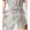 Women Waist Tie Cinched Irregular Short Sleeve Casual Blouse Shirt