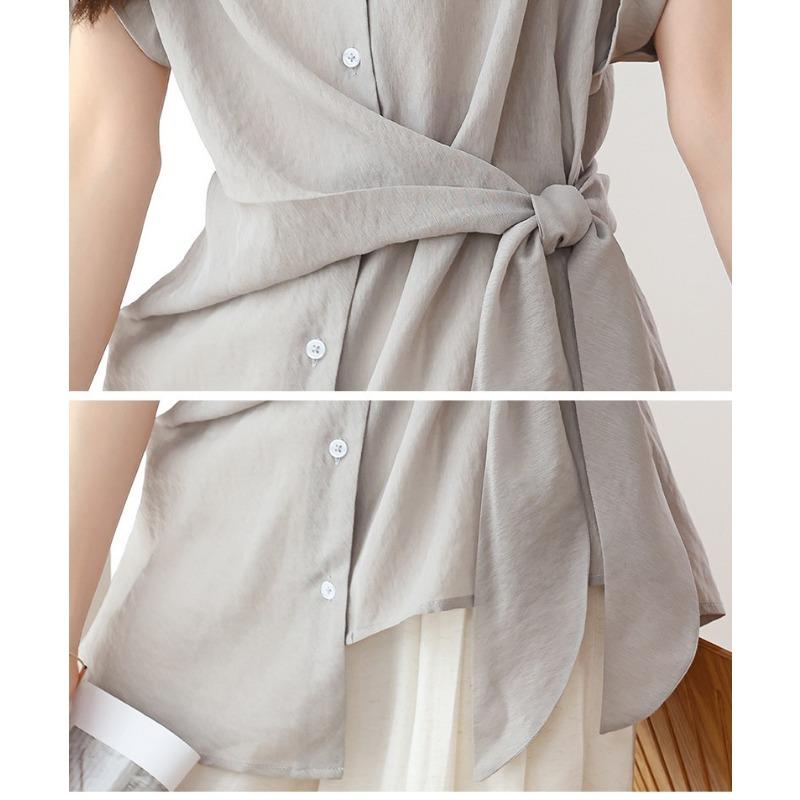 Women Waist Tie Cinched Irregular Short Sleeve Casual Blouse Shirt