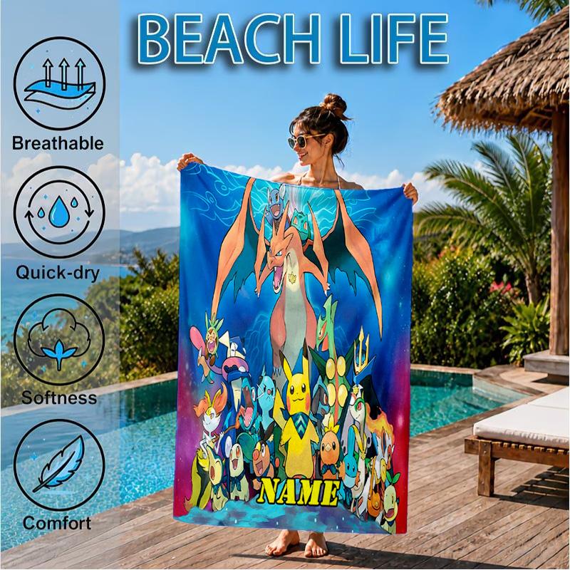 Custom Name Beach Towel Pikachu Friends Microfiber Beach Towel Super Soft & Absorbent for Bath, Beach, Travel  Bath Time Accessory, Fan Gifts