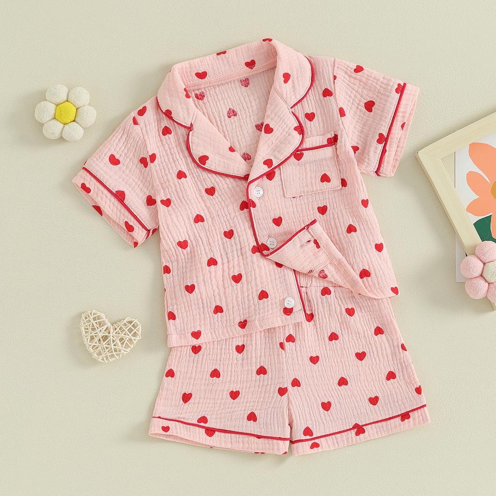 6M-4Y Valentine's Day Infant Toddler Kid Baby Girl Boy Clothes Set Short Sleeve Tops Heart Print Shorts Pajama Summer