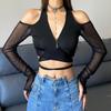 Sexy Black Crop Tops Streetwear Women Fashion 2024 Lace Up Bandage V Neck Cut Out Long Sleeve T Shirts