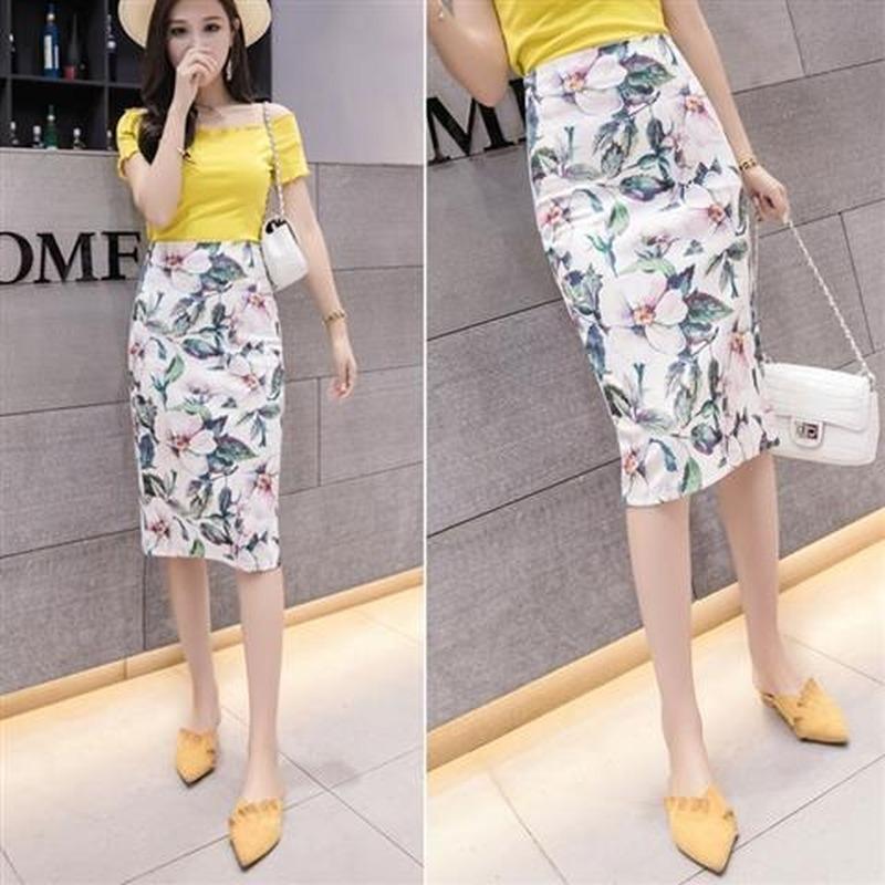 Summer Print Elegant Pencil Skirt Women Bodycon High Waist Knee Length Skirt Female