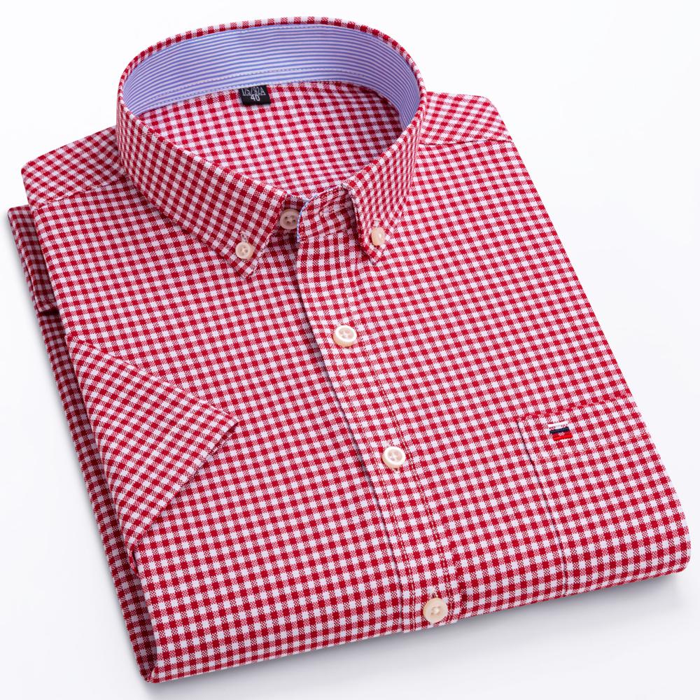 Men's Fashion Versatile Short Sleeve Oxford Shirt Single Chest Pocket Regular-fit Comfortable Pure Cotton Plaid Striped Casual Shirts