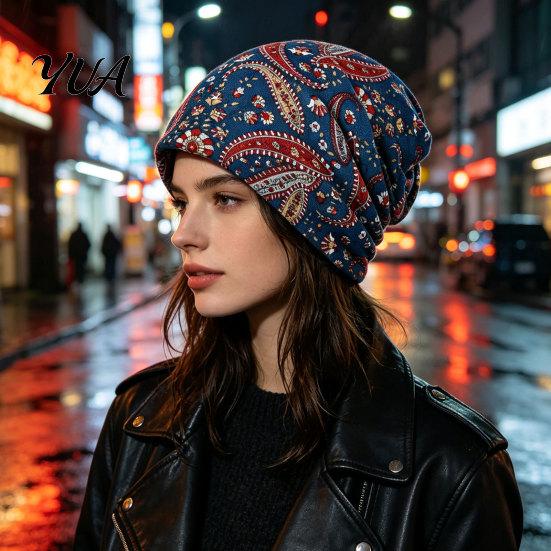 Slouchy Hat for Women Women's Geometry Print Hat, Casual Soft Stretch Skull Versatile Lazy Style Hair Tie Cap, Warm Cancer Chemo Headwear, Outdoor