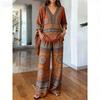 Vintage Bohemian Print Women's Temperament Simple Top Loose Drape Wide Leg Pants Summer Casual Two-piece Set