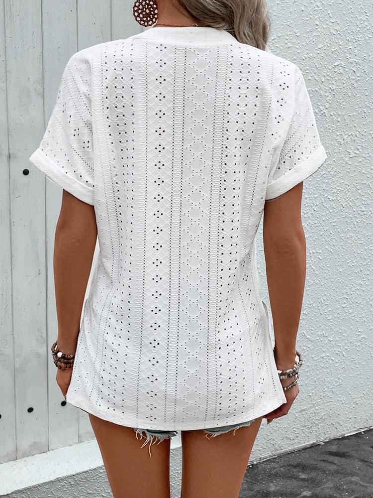 2026 Women's Solid Color V-neck Textured Jacquard Short Sleeve Hollow Out Top