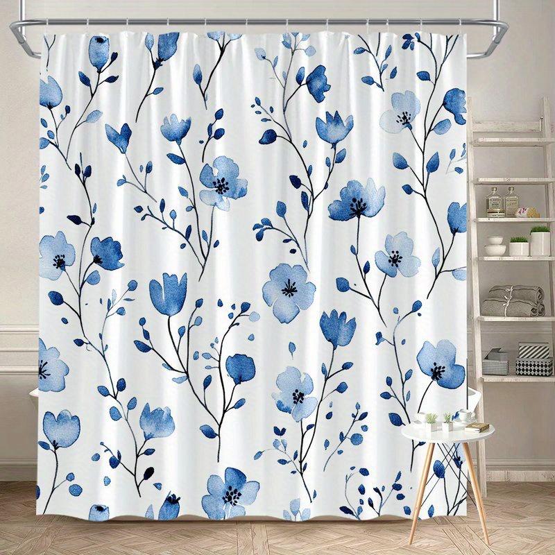 1pc Blue Floral Shower Curtain -Simple watercolor design with gradient petals and oval leaves Polyester fabric, Machine washable