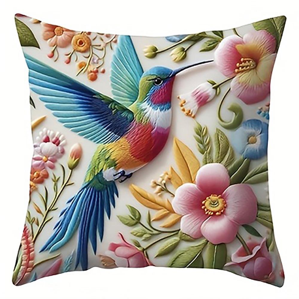 Colorful Hummingbird Floral Doublesided Printed pillow cover Short plush Suitable living rooms bedrooms throw cushion cover