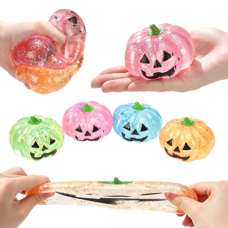 Halloween Glitter Sequins Filled Pumpkin Squeeze Toy Soft Stress Relief Fidget Toy for Teens Party Favors Bag Fillers