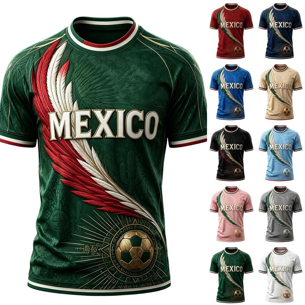 Casual Heren T-shirt met Ronde Hals en Korte Mouwen, Lichtgewicht, Ademend, Voetbalprint met Mexico Grafisch