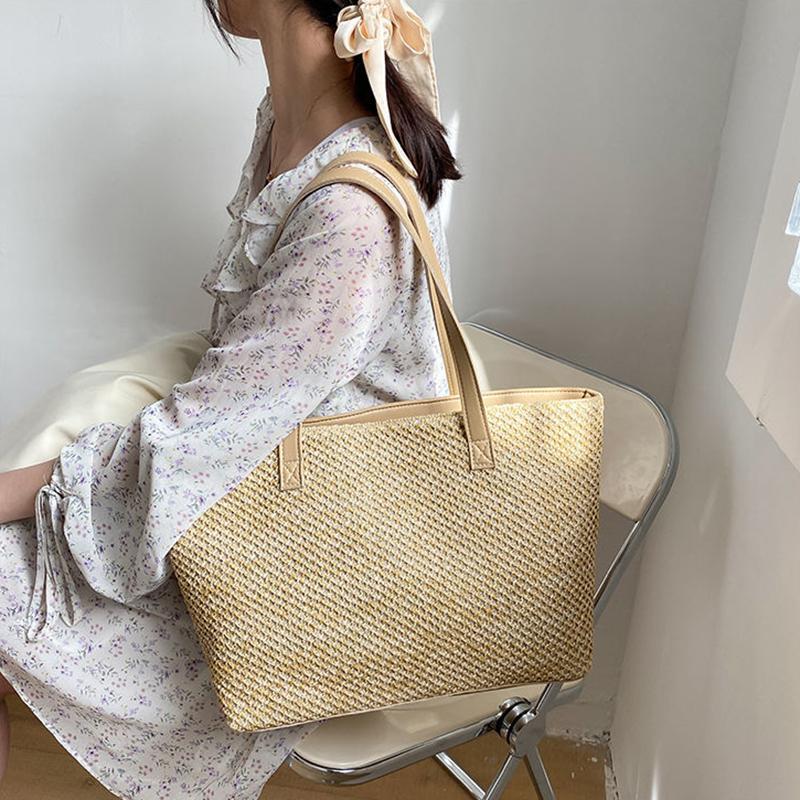 Yogodlns Summer Straw Bag Women Large Capacity Weave Totes Bag Handmade Rattan Beach Bag Vacation Lady Straw Shoulder Bag Pouch