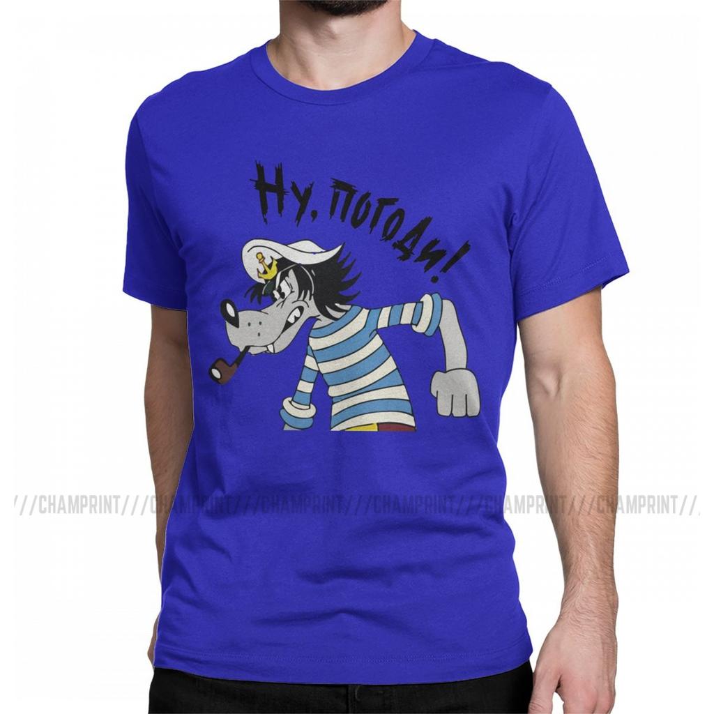 Men T-Shirt Nu Pogodi Wolf Funny Pure Cotton Tees Short Sleeve Russian T Shirt O Neck Clothing Birthday Gift
