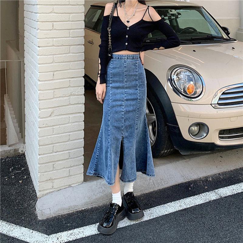 Women's Summer High Waist Stretch Hong Kong Flavor Package Hip Skirt Open Fork Design Sense Fishtail Mid-length Skirt Fashion Denim Bustier Skirt
