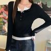 Patchwork Fake Two-Piece T-Shirt V-Neck Base Shirt Y2K Style Long Sleeve Top  Casual Wear