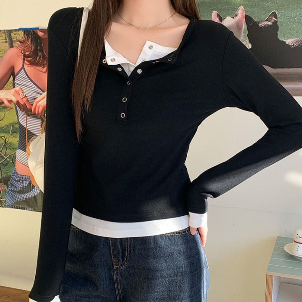 Patchwork Fake Two-Piece T-Shirt V-Neck Base Shirt Y2K Style Long Sleeve Top  Casual Wear