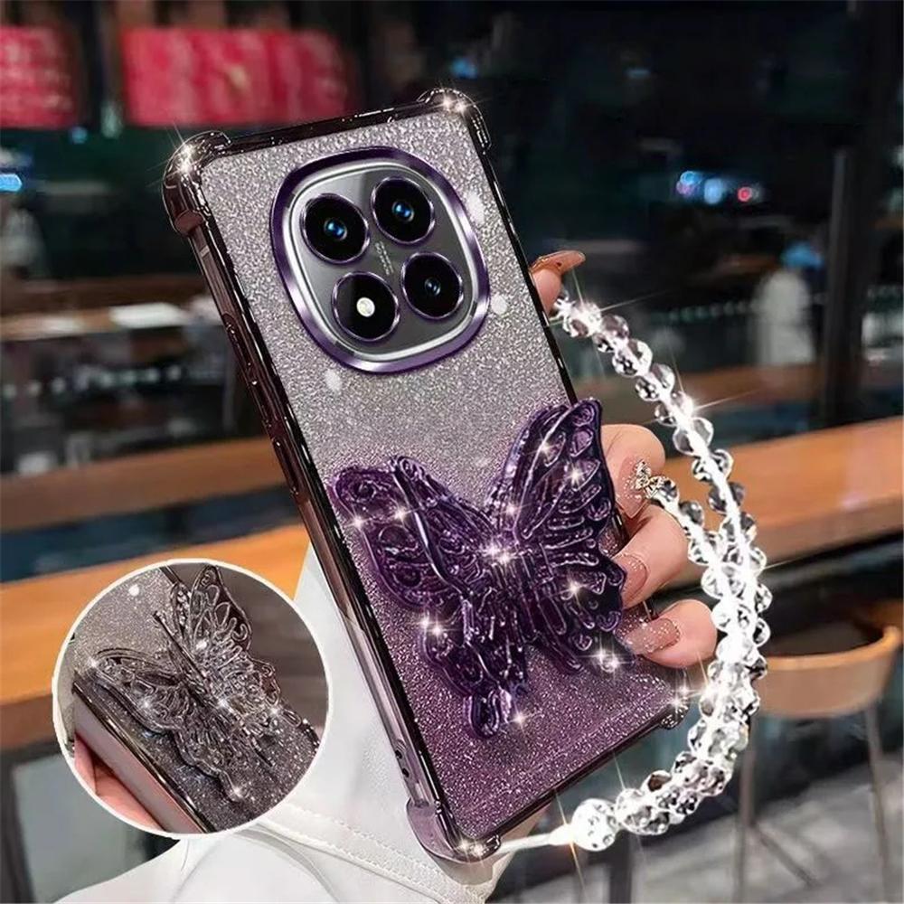 Vlinder Opvouwbare Standaard Armband Telefoonhoesje Voor Xiaomi Redmi Note 14 Pro 13 14 Pro Plus 14S 4G 5G Glitter Schokbestendig Zacht Hoesje