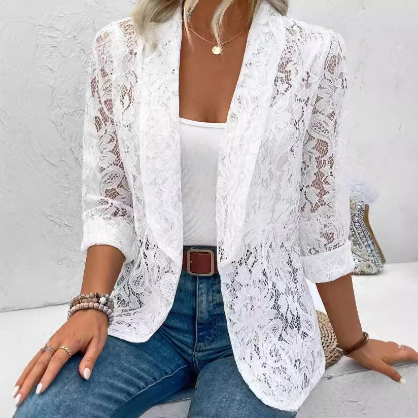 Classic Lace Blouse Shirt Women's Elegant Lightweight Coat Summer Spring Autumn Tops