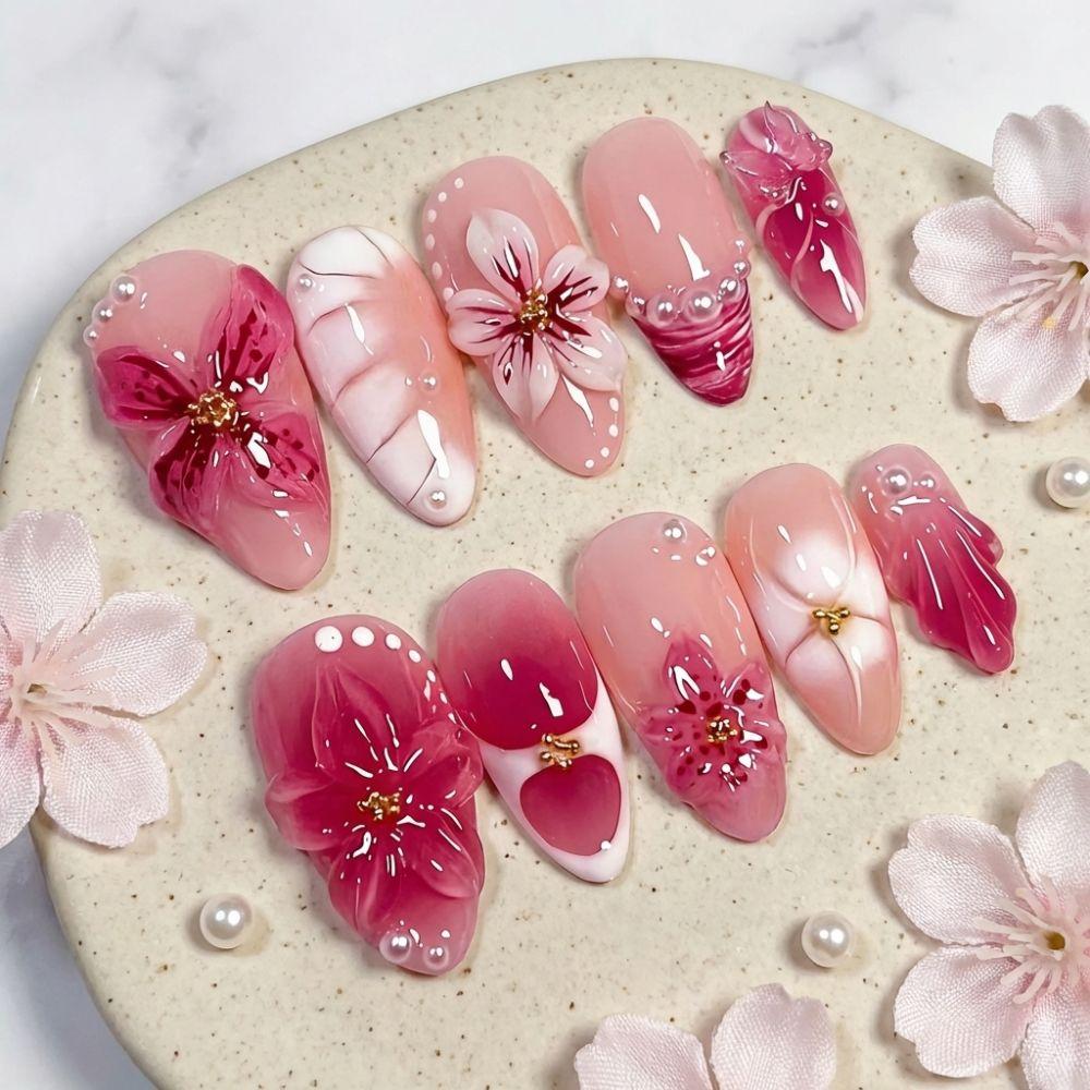3D Flower Press-on Nails Almond-shaped Exquisite Artificial Nail Tips Reusable Gradient Pink Gel Fake Nails Women and Girls