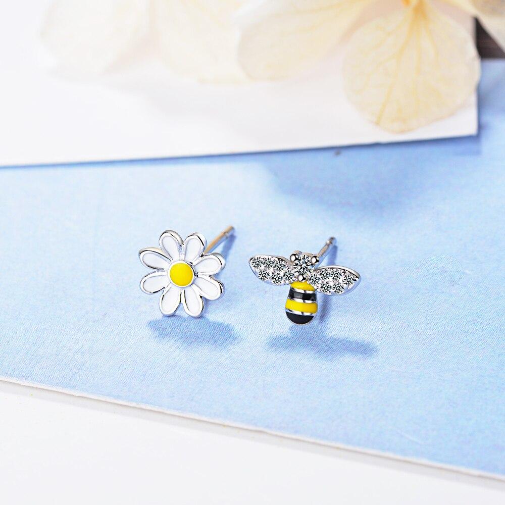 925 Sterling Silver Bee Sun Flower Asymmetrical Stud Earrings With Bling Zircon For Women Jewelry S -E644