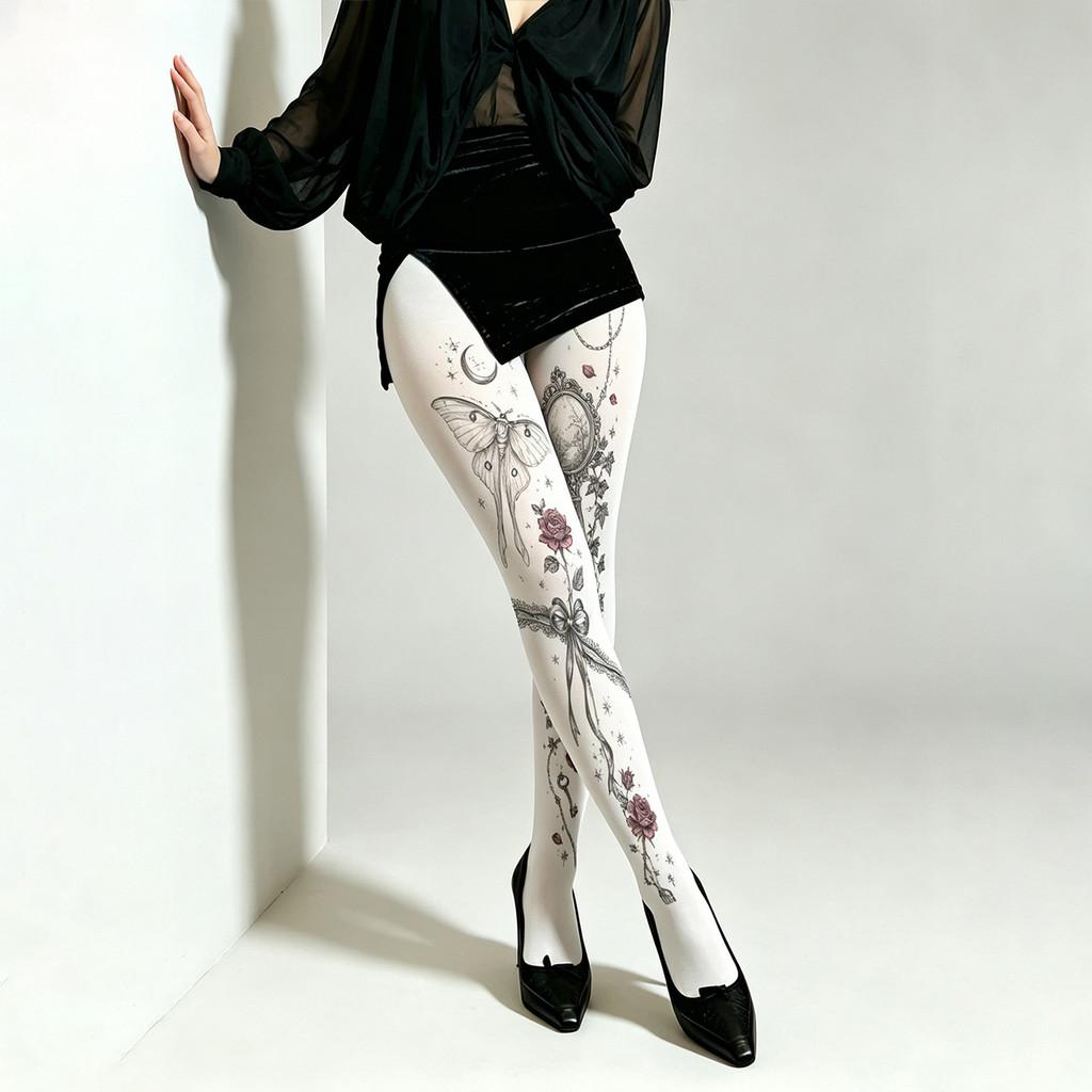White Velvet Floral Pattern Stockings For Young Women With Breathable Elasticity