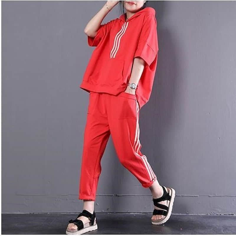 Women Casual Pants Sets Korean Fashion Loose Half Sleeve Striped Hooded T-shirt Tracksuit and Harem Pants Two Piece Set Women Outfits