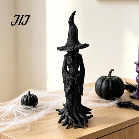 Dark Fantasy Ornament for Display Halloween Witch Statue, Resin Gothic Tree Figurine, Vintage Mysterious Bark Texture Art Tabletop, Bookshelf