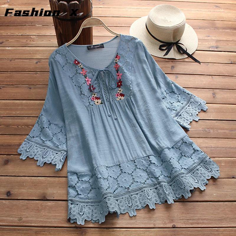 Women's T-shirt Lace Embroidery Flower Loose Large Size Half Sleeve Shirt