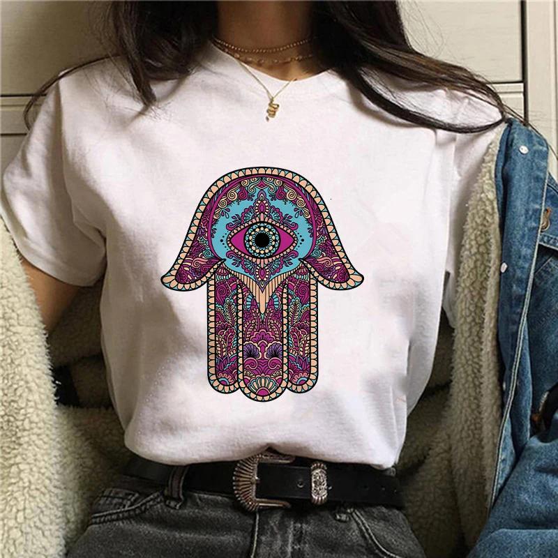 Hamasa Hand of Fatima Print Women's T-Shirts Lucky Hamsa Hand Harajuku Unisex T Shirts Summer Short Sleeve Black Top Tees Female