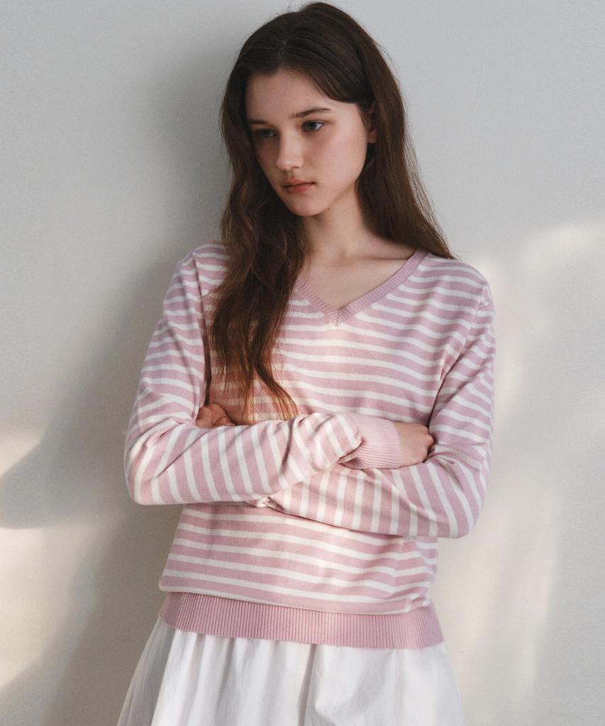 Wednesday Oasis For Woman Washable Mild Stripe V-Neck Knit_Pink(Wc26Kn11)