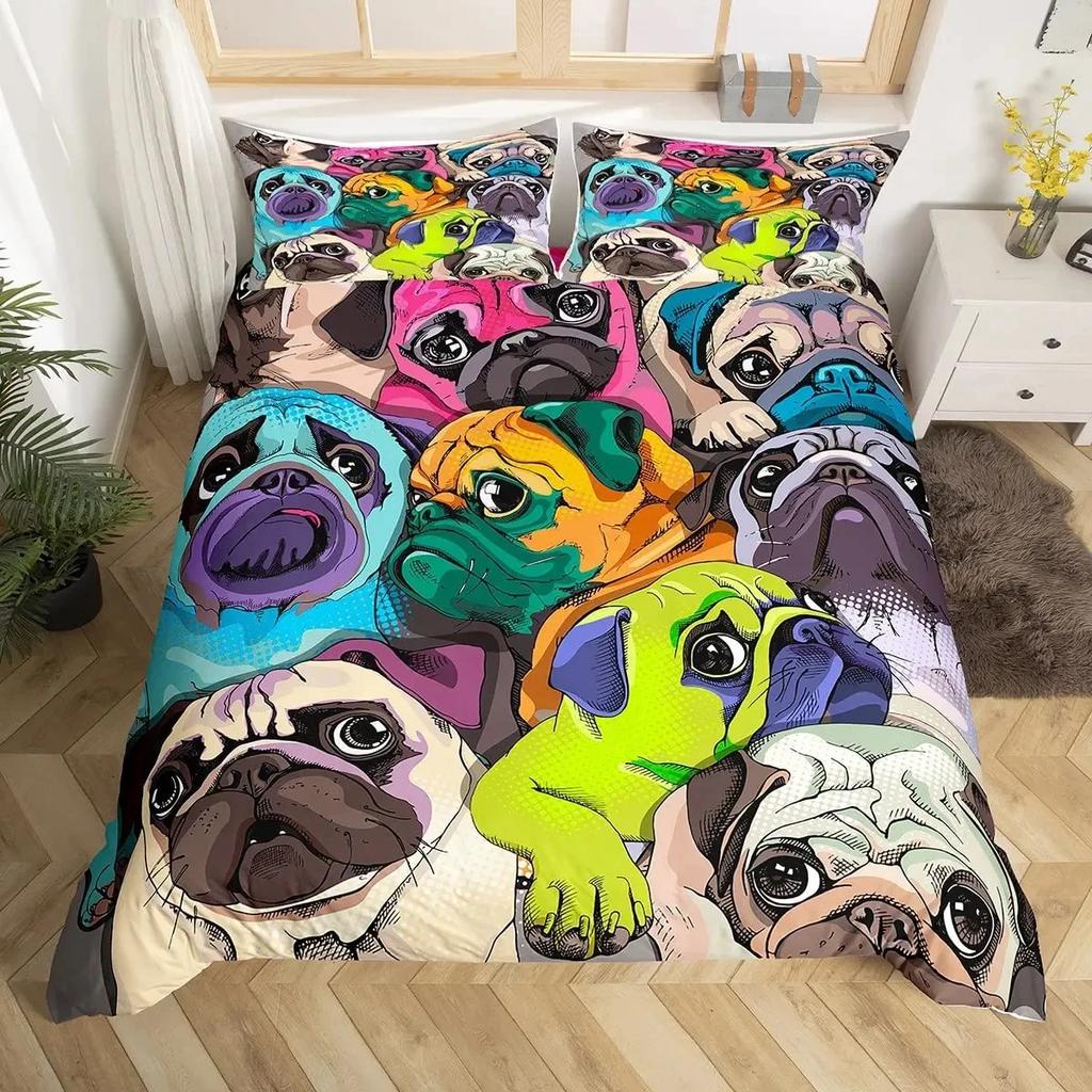 Carton Pug Dog Soft Duvet Cover Set Warm Comforter Cover Soft Beding Set Ful Sized Dimensions for Young Boys Young Girls Bedrom 2/3 Pieces featuring