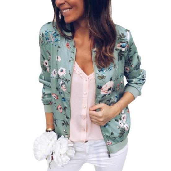 Fall Spring Lady Coat Floral Print Cardigan Zip-up Long Sleeves Elastic Cuff Stand Collar Cardigan Daily Wear Commuting Jacket